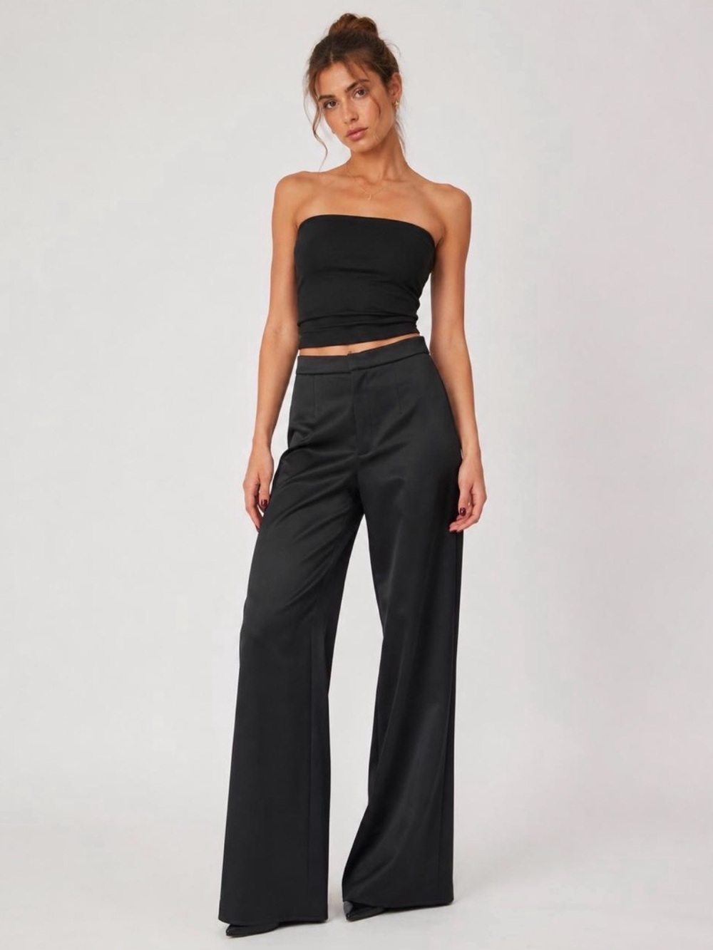 House of CB Black Satin Wide-Leg Trousers – Size Small